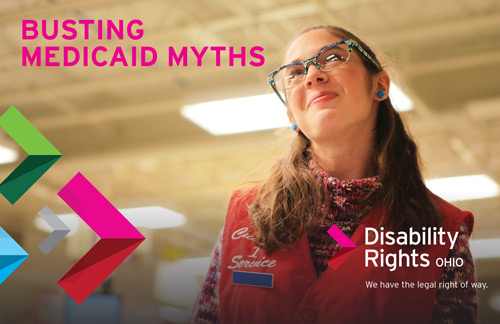 A young white woman with long brown hair and glasses with rhinestones wears a red vest like an employee of a discount store