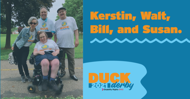 Photograph from DRO's Duck Derby, featuring 3 board members (Walt, Susan, and Bill) as well as the Executive Director, Kerstin.